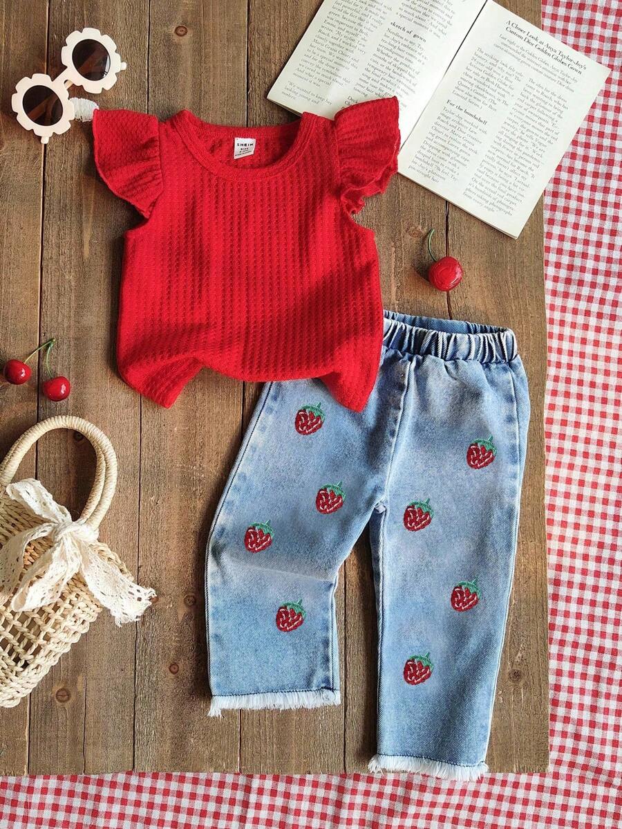 SHEIN Vintaside Kids 2pcs Baby Girls' Spring/Summer Set, Red Round Neck Puff Sleeve Top Paired With Cherry Embroidered Denim Pants, Sweet Style, Versatile For Daily Wear, Outdoor Play, Comfortable Home, And Casual Gatherings - Red - View 1