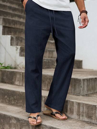 VENTUSAIL Quần vải lanh cotton màu trơn có túi thắt lưng cho nam Quần vải lanh cho nam Quần có dây rút cho nam Quần xanh navy cho nam Quần dài cho nam Quần thường ngày cho nam, Mùa thu