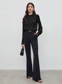 BizChic 女式不对称设计褶饰宽松立领长袖上衣，基本款简约优雅别致商务休闲装，适合城市通勤，适合教师、办公室、婚礼、音乐会 - 黑色 - 查看 5