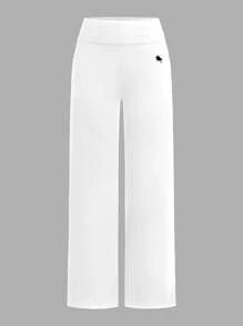 SHEIN EZwear 2 件女士休闲简约高腰喇叭直筒裤，带小马图案，黑白，适合夏季 - 彩色 - 查看 3