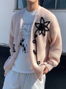 Manfinity Hypemode 男士花卉图案长袖单排扣休闲开衫 - 杏色 - 查看 4