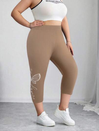 SHEIN CURVE+ 大码女式蝴蝶图案针织紧身七分裤，夏季休闲，曲线加大，波西米亚度假