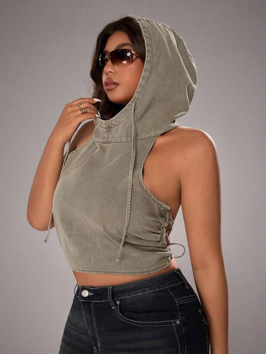 Flirla Casual Fashion Backless Tie-Up Hooded Sleeveless Plus Size Denim Jacket - Army Green - View 1