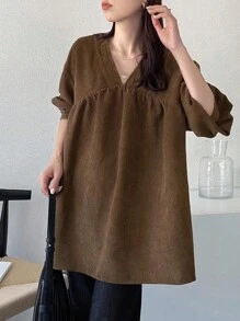 FRIFUL Women's Solid Color V-Neck Long Sleeve Pleated Loose Casual Shirt Brown Tops Brown Blouses Corduroy Tops Brown Corduroy Top V Neck Corduroy Top