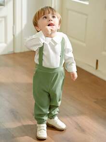 Souflis Souflis 2 件套男婴休闲白色长袖上衣和浅绿色无袖连体裤，秋冬 - 彩色 - 查看 1