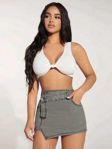 SHEIN PETITE 女士夏季时尚重叠腰不对称下摆牛仔裙裤 - 淺灰色 - 查看 3