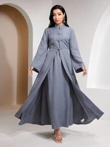 Veilorie 女士纯色纽扣设计长袖长款上衣和中长裙优雅两件套 - 藍色 - 查看 4