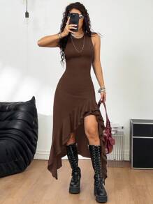 Coolane 女式纯色荷叶边下摆无袖连衣裙，前短后长，波西米亚风演唱会服装 - 棕色 - 查看 3