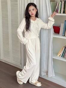 Dazy Kids 女童简约印花长袖上衣和裤子睡衣套装 - 米色 - 查看 4