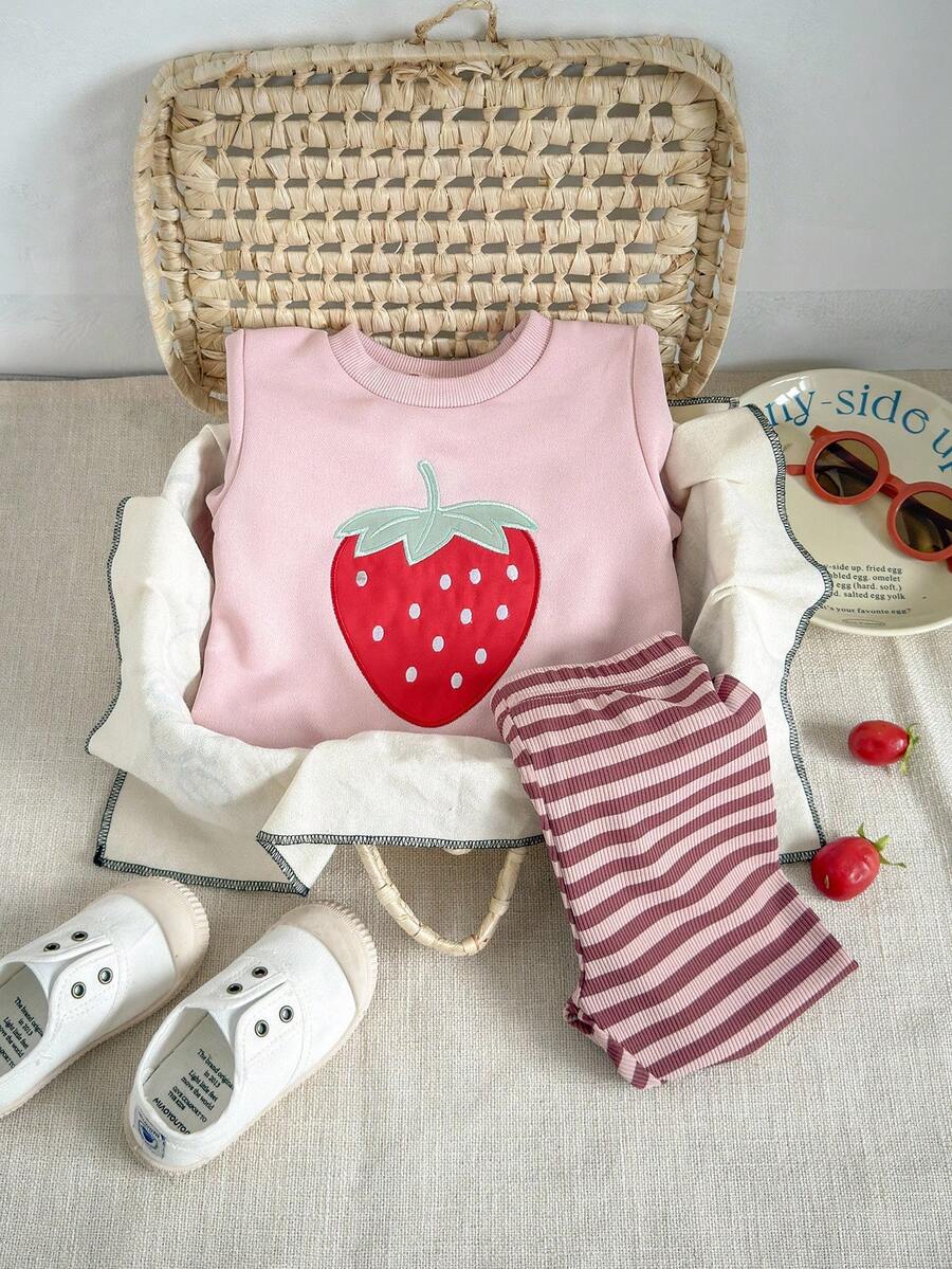 SHEIN Baby Girl Autumn Cute Fruit Embroidery Long Sleeve Top And Ribbed Leggings 2pcs Set - Pink - View 1
