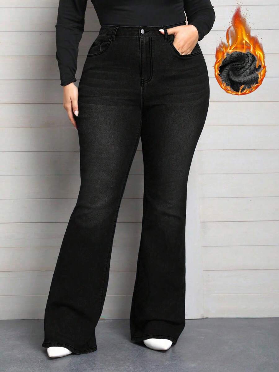 EMERY ROSE Jeans acampanados con forro térmico, con bolsillos, elásticos y de talla grande para mujer en invierno - Negro - Ver 1