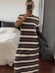 Livesso Women's Summer Round Neck Short Sleeve Striped Knit Dress Women Sweater Dresses Sundress Maxi Dress - Brown - View 4