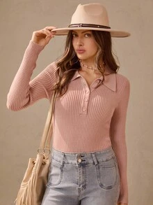 Wildy American Country Style Dusty Pink Autumn Casual Everyday Tight Fitted Polo Collar Half-Zip Slim Fit Pullover Sweater Ribbed Knit Top Button Down - Pink - View 7