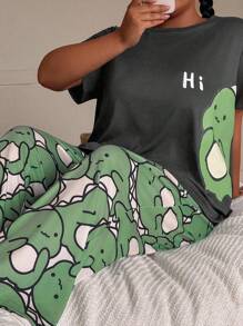 SHEIN Cute Dinosaur Print Short Sleeve & Long Pants Plus Size Pajama Set Green Pj Set Dinosaur Pajamas