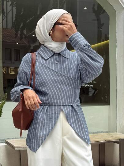 DAZY 休闲风条纹宽松绑带不对称女士衬衫