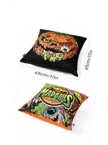 MADBALLS X SHEIN 1 Stück 45*45cm Plüschkissenbezug (ohne Kissenfüllung), Verrückter Augapfel & Kürbiskopf Muster Halloween Kissenbezug, fluoreszierender Digitaldruck Effekt, leuchtend & lebhaft, Halloween Dekoration