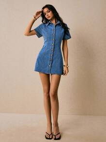 Poéselle 女式短袖单排扣休闲牛仔连衣裙 - 中等水洗藍 - 查看 5