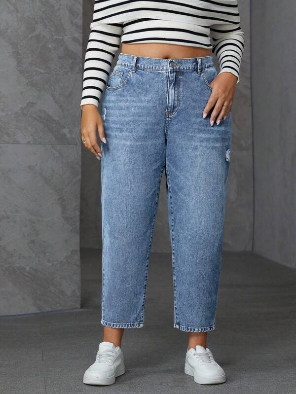 SHEIN Tall CURVE Jeans casuales y versátiles con bolsillos y efecto desgastado para mujer de talla grande