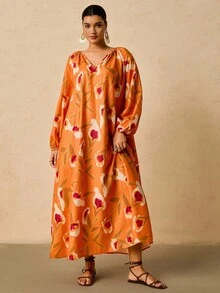 SHEIN VCAY Váy suông rộng tay đèn lồng cổ chữ V in hoa cỡ lớn, màu cam, Váy dài tay mùa thu mới Váy hoa màu cam Váy thu cho nữ Váy cam Váy maxi họa tiết hoa Váy thắt lưng màu cam - Màu Cam cháy - Xem 5