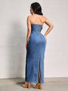 SHEIN SXY 劈叉筒牛仔裙 - 中等水洗藍 - 查看 4