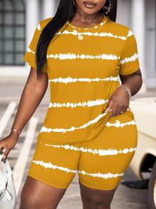 Maweii 大码休闲黄色服装套装，女士大码扎染条纹短袖圆领 T 恤和短裤服装两件套