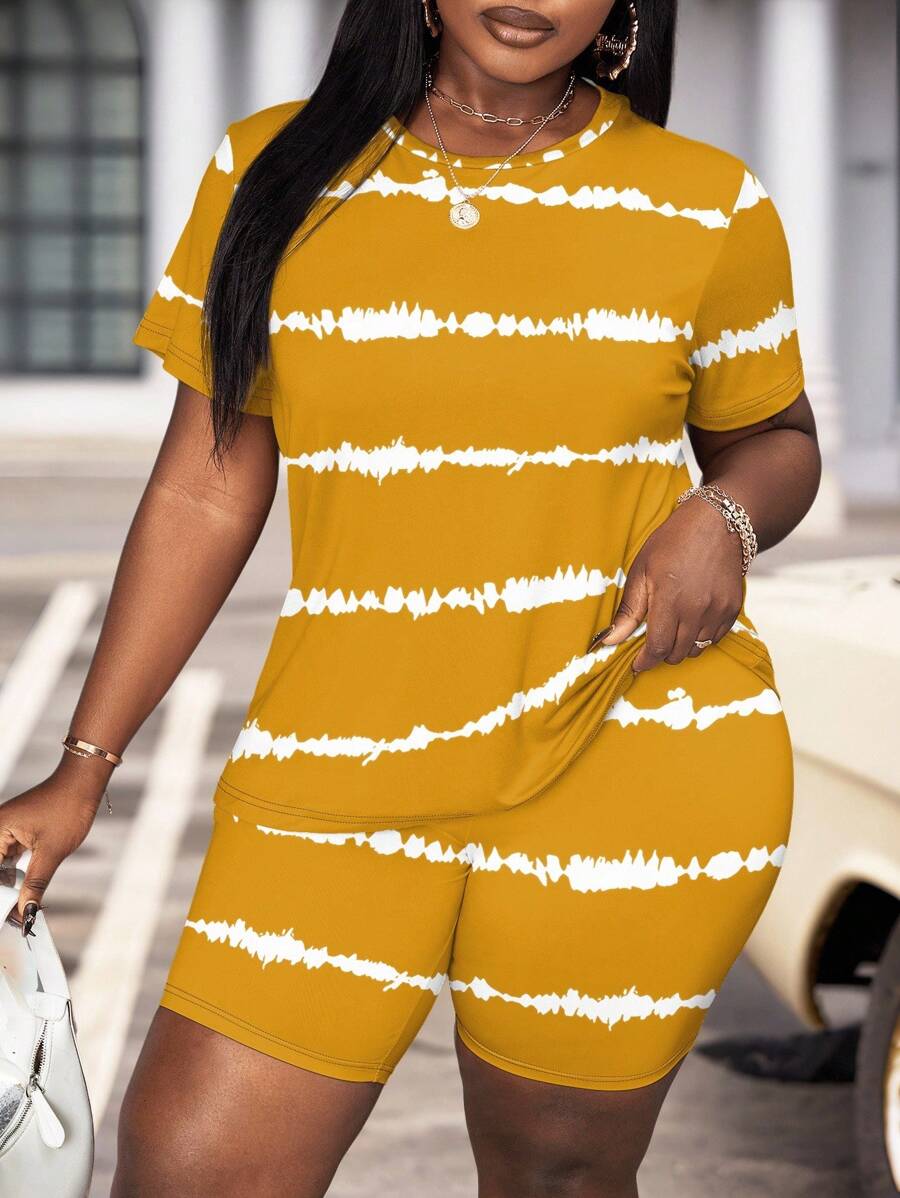 Maweii 大码休闲黄色服装套装，女士大码扎染条纹短袖圆领 T 恤和短裤服装两件套