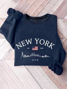 EMERY ROSE Plus Size Women Letter Print Long Sleeve Casual Fleece Crew Neck Sweatshirt Fall Cloth For Women Winter Autumn - Navy Blue - View 1