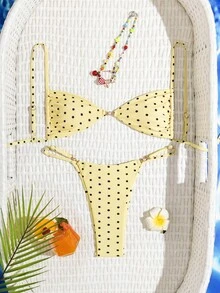 Swim Mod 2pcs Fashionable Yellow Polka Dot & Pearl Decor Sexy Bikini Swimsuit Set For Women, Beach Holiday - Multicolor - View 1