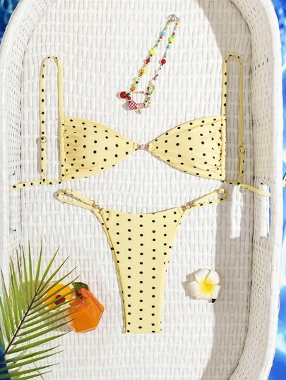 Swim Mod 2pcs Fashionable Yellow Polka Dot & Pearl Decor Sexy Bikini Swimsuit Set For Women, Beach Holiday