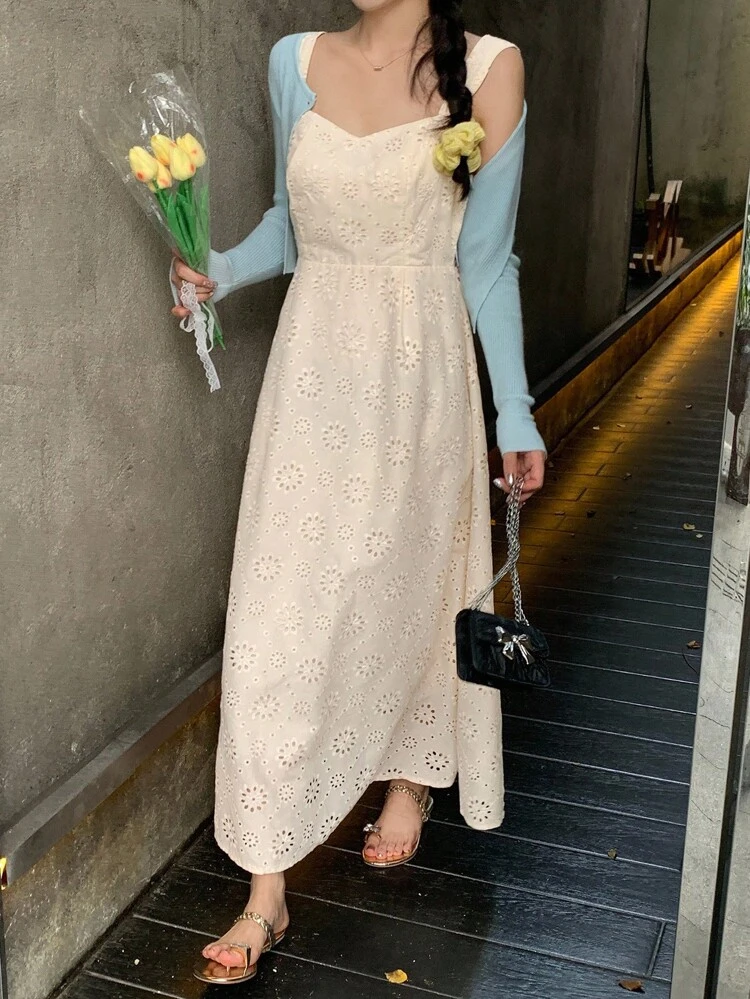 Women's Solid Color Jacquard Fabric A-Line Waist Elegant Resort Summer Dress Vacation Outfits Women Maxi Dress Boho