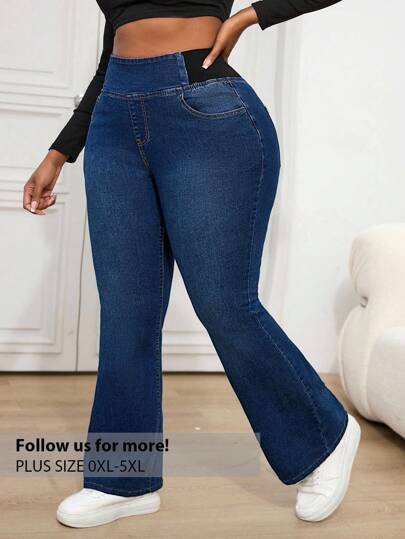 Firerie Plus Size Sexy Tight Stretchy Denim Flared Jeans, Blue, Fall Women Clothes