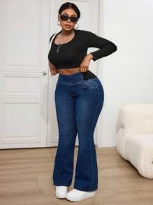 Firerie Plus Size Sexy Tight Stretchy Denim Flared Jeans, Blue, Fall Women Clothes - Blue - View 3