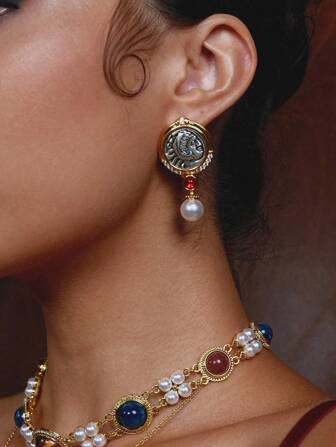 Glisma Par de pendientes colgantes chapados en oro de 18K con textura, metálicos, con perla/concha, circonita cúbica para fiesta, casual, concierto/festival, discoteca, lindo, lujo, boda, vacaciones, campamento, vintage, Y2K, para mamá, mujer, niña, otoño, invierno, festival, vacaciones, dinero antiguo, Halloween