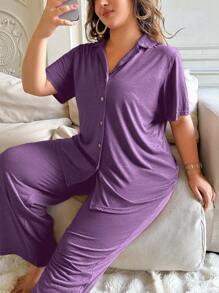 SHEIN Plus Size Simple Solid Color Soft & Skin-Friendly Button-Up Pajama Set, Outfits - Purple - View 3