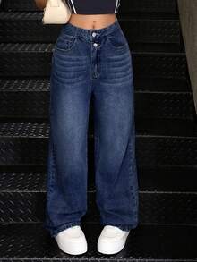 SHEIN Girls' Loose Fit Blue Denim Pants With Contrast Collar, Baggy Jeans Girls, Jeans For Teens, Loose Jeans, Baggy Jeans Teens, Wide Leg Jeans Fall Winter - Dark Wash - View 6