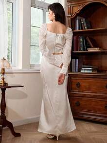 SHEIN MOD Women's Elegant Cream White Jacquard Lantern Sleeve Blouse And Skirt 2 Pieces Set,Victorian Autumn Dinner Date White Satin Long Sleeve Corset Top - Apricot - View 2
