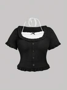 SHEIN MOD 大码女式黑色针织蝴蝶结上衣 T 恤，可爱 T 恤 - 黑與白 - 查看 2