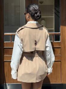 SHEIN EZwear Double-Breasted Lapel Sleeveless Trench Coat, Back To School,Fall - Khaki - View 2