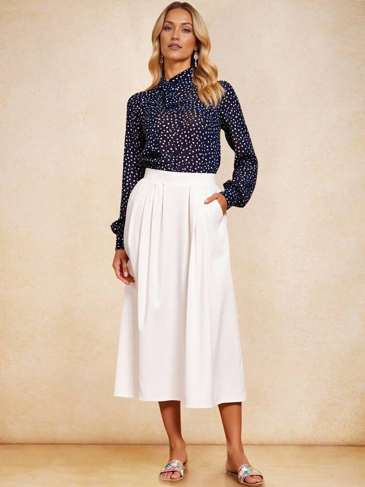 House of One Elegant A-Line High-Waist Pleated Flared Midi Skirt Women Spring Summer Autumn Fall Women Old Money - Apricot - View 7