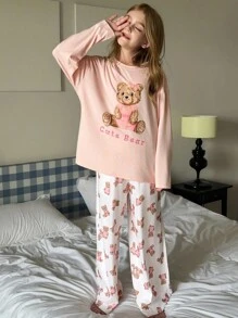 Hapijoa 青少年女孩字母和卡通熊印花长袖上衣和裤子睡衣套装 - 粉色 - 查看 7