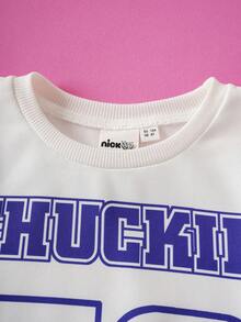 Nick 90s | SHEIN 2pcs/Set Young Boy Sports Casual Jersey Style Cartoon & Numeric Graphic White Crew Neck Long Sleeve Sweatshirt And Pants Knit Tracksuit - Multicolor - View 10