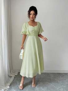 Modelyn Women's Solid Butter Yellow Chiffon Ruffle Sleeve Design Summer French Style Vacation Dress - Green - View 8