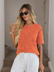 EURMUSE Women's Solid Color Dropped Shoulder Round Neck Short Sleeve T-Shirt - Jeruk - View 4