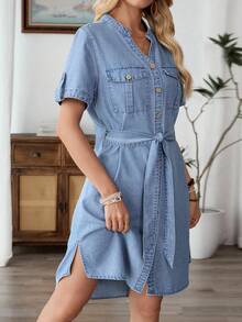 EMERY ROSE 女式V领单排扣短袖休闲宽松牛仔连衣裙