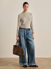 Airaco Fleeced Slim Fit Solid Color Rib Knit Stand Collar Long Sleeve T-Shirt For Women Fall Cloth For Women - Khaki - View 4