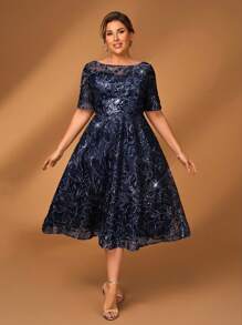 Serin 优雅浪漫奢华串珠刺绣圆领七分袖A字中长连衣裙，适合晚宴、约会、舞会、度假、音乐节、婚礼等场合，也适合大码新娘和母亲，情人节亦可穿着。 - 藏蓝色 - 查看 6