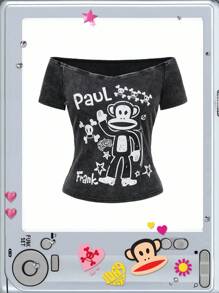 Paul Frank X ROMWE 女款韩流复古猴子印花露肩T恤 - 黑色 - 查看 1