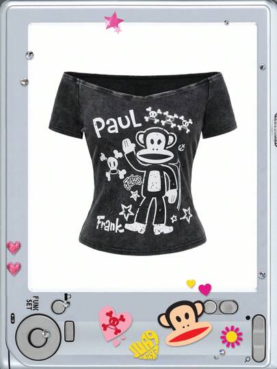 Paul Frank X ROMWE Women Kpop Vintage Monkey Print Off Shoulder T-Shirt