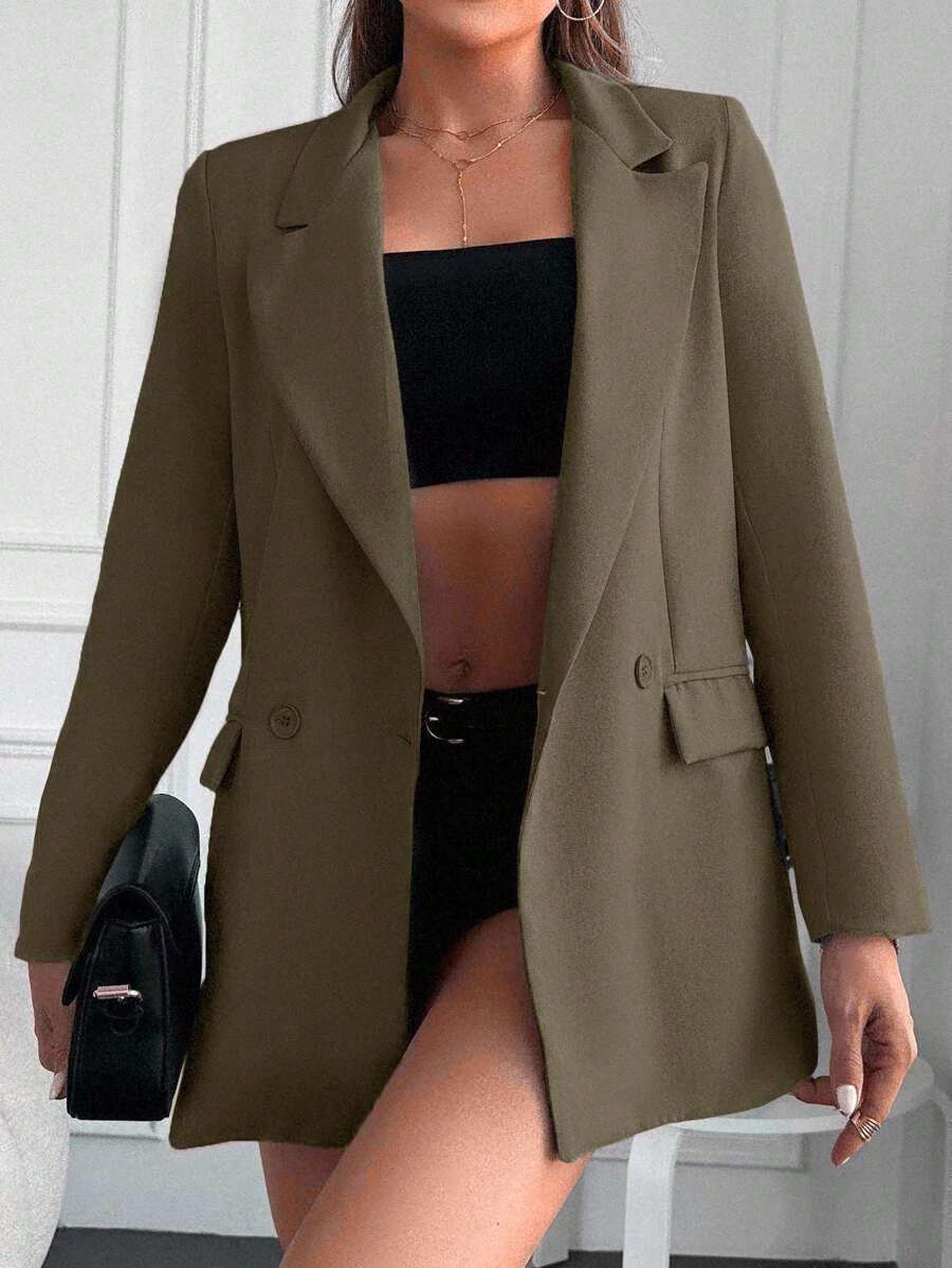 RueChic Turn-down Collar Double-breasted Blazer Jacket - Olive Green - View 1