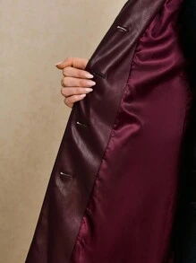Poéselle Women's Burgundy Faux-Leather Blazer Jacket,Oversized Vegan Leather Button-Front Coat,Chic Autumn Night Out,Quiet Luxury Lapel Neck Long Sleeve Jacket - Burgundy - View 8